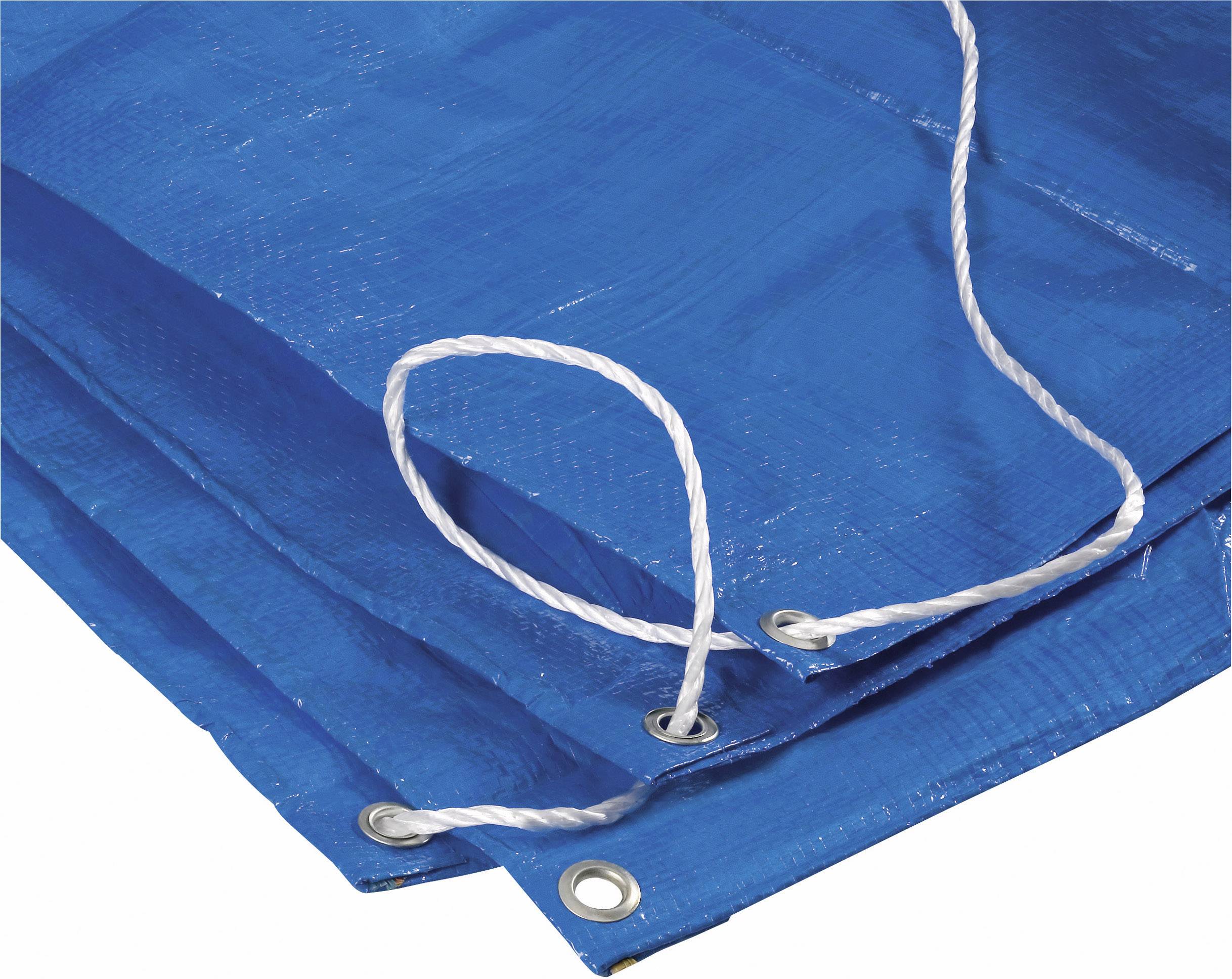Bâche bleue avec œillets métalliques et une corde blanche, adaptée pour la couverture ou la protection en extérieur.