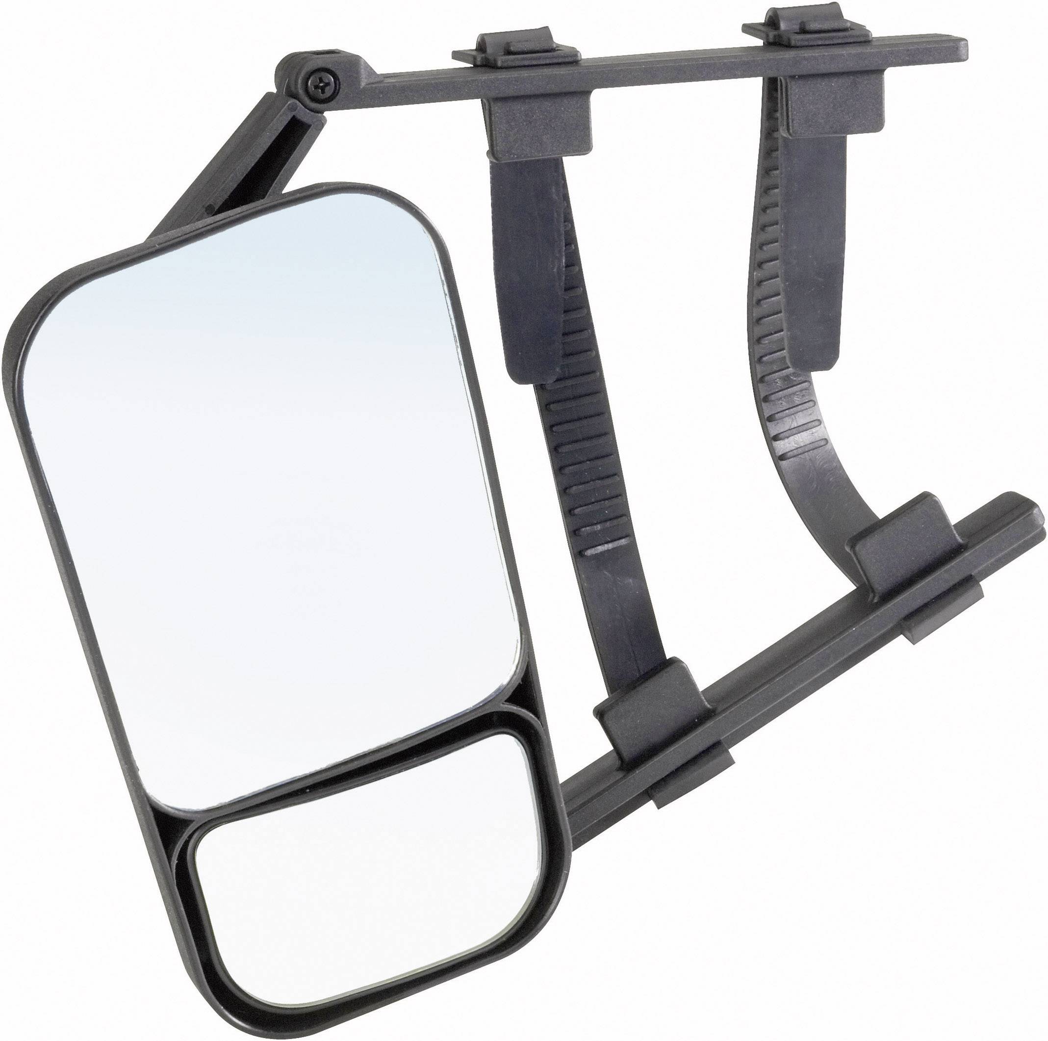 Rétroviseurs extérieurs de voiture avec deux miroirs, montés sur des supports réglables, idéaux pour caravanes ou remorques.