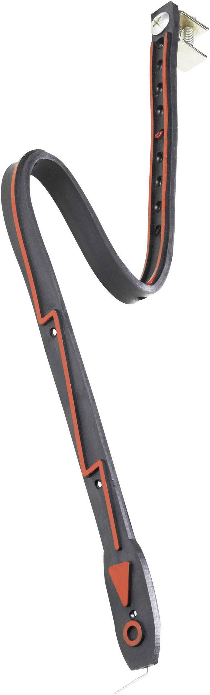 Bande lumineuse LED flexible noire avec des accents rouges, façonnée en courbe. Un support est visible en haut. Adaptée pour l'éclairage.