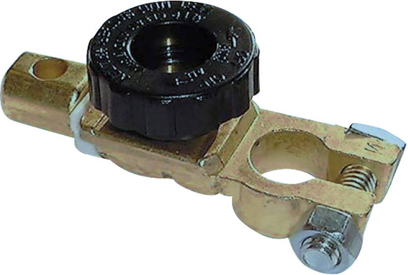 Borne de batterie couleur laiton avec bouton de serrage noir et rond pour une fixation sécurisée des câbles de batterie.