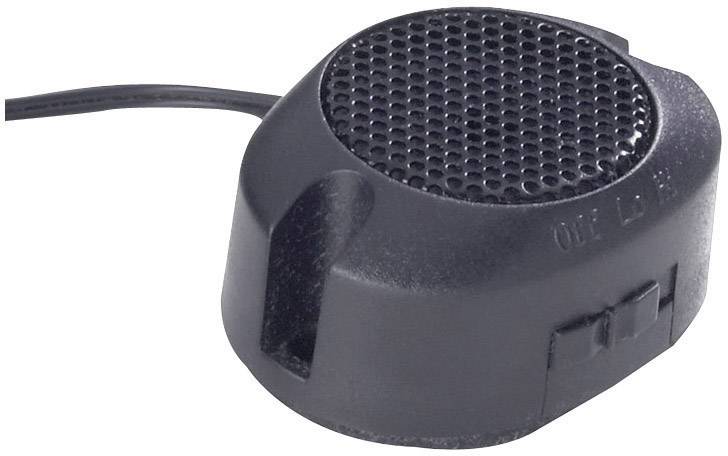 Haut-parleur noir avec câble ; forme compacte et ronde avec grille de protection, adapté aux applications audio.