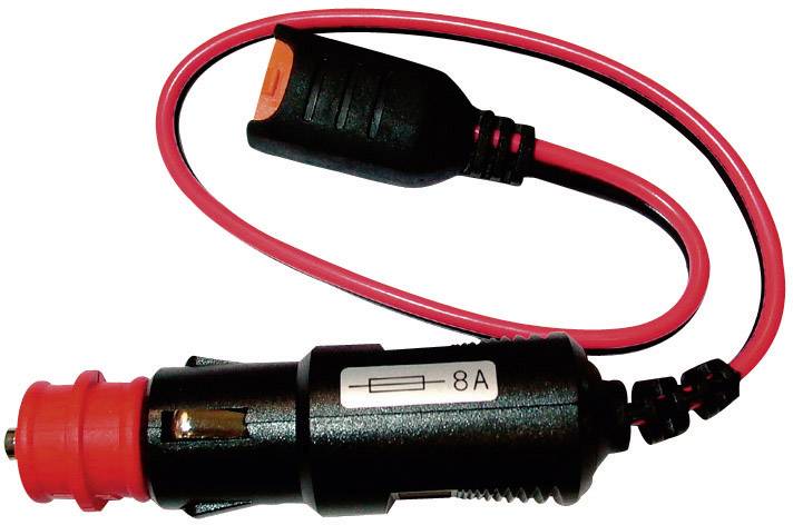Un câble électrique rouge et noir avec un support de fusible de 8 ampères et une fiche de prise allume-cigare.