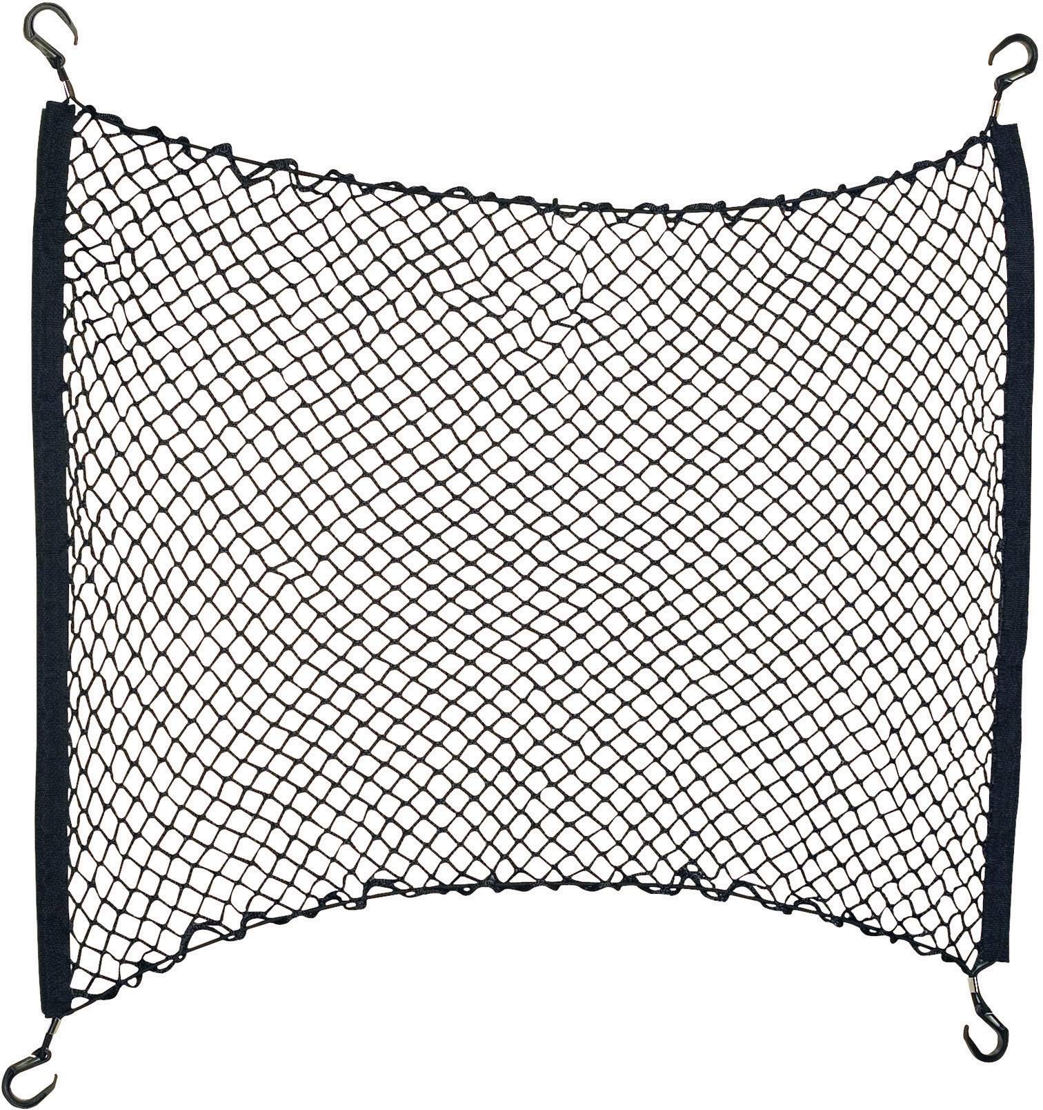 Un filet élastique noir de forme carrée, équipé de quatre crochets aux coins, utilisé pour sécuriser des objets.
