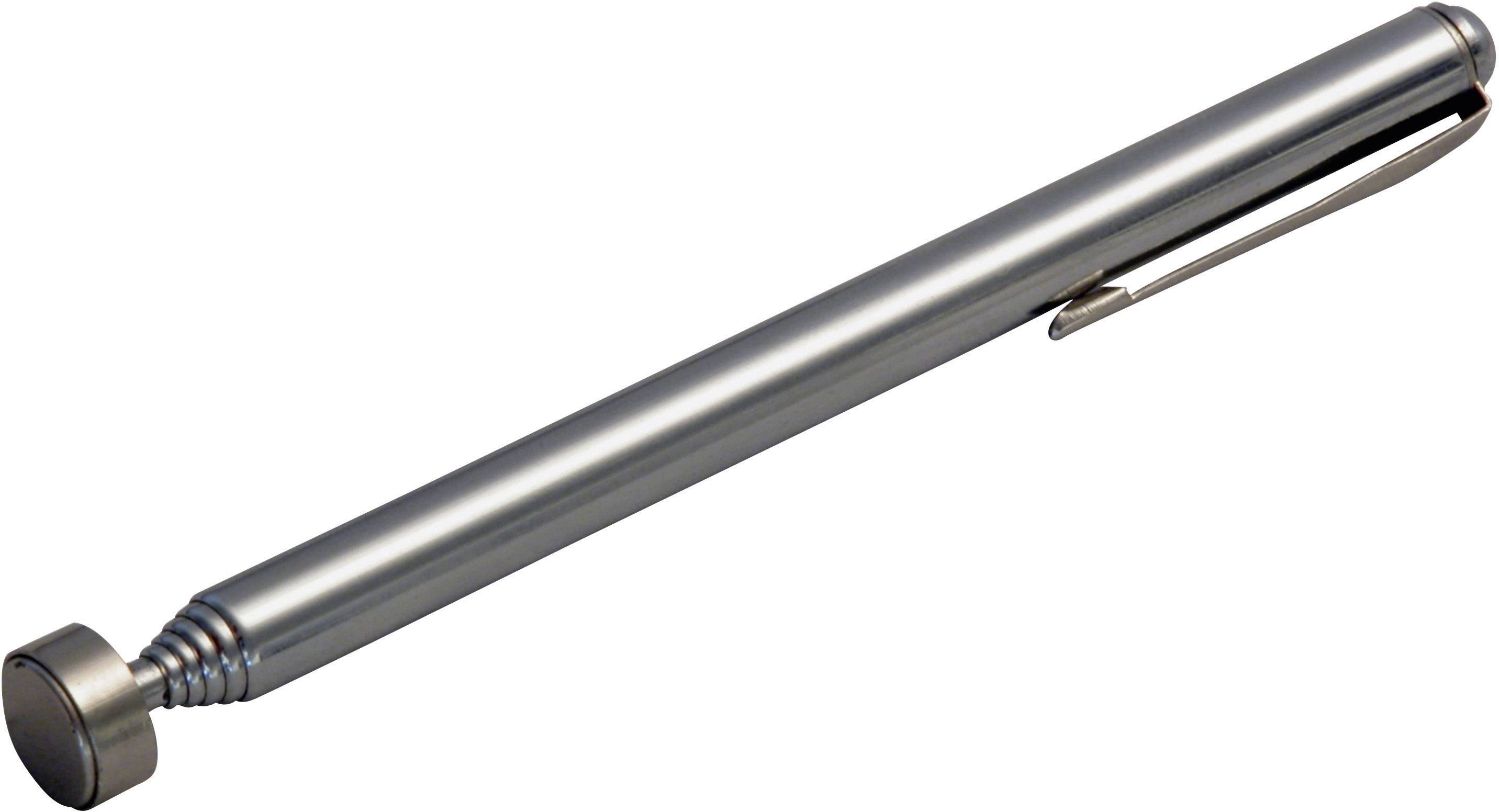 Un stylo télescopique argenté avec une tête magnétique, conçu pour ramasser de petits objets métalliques, est posé sur une surface blanche.