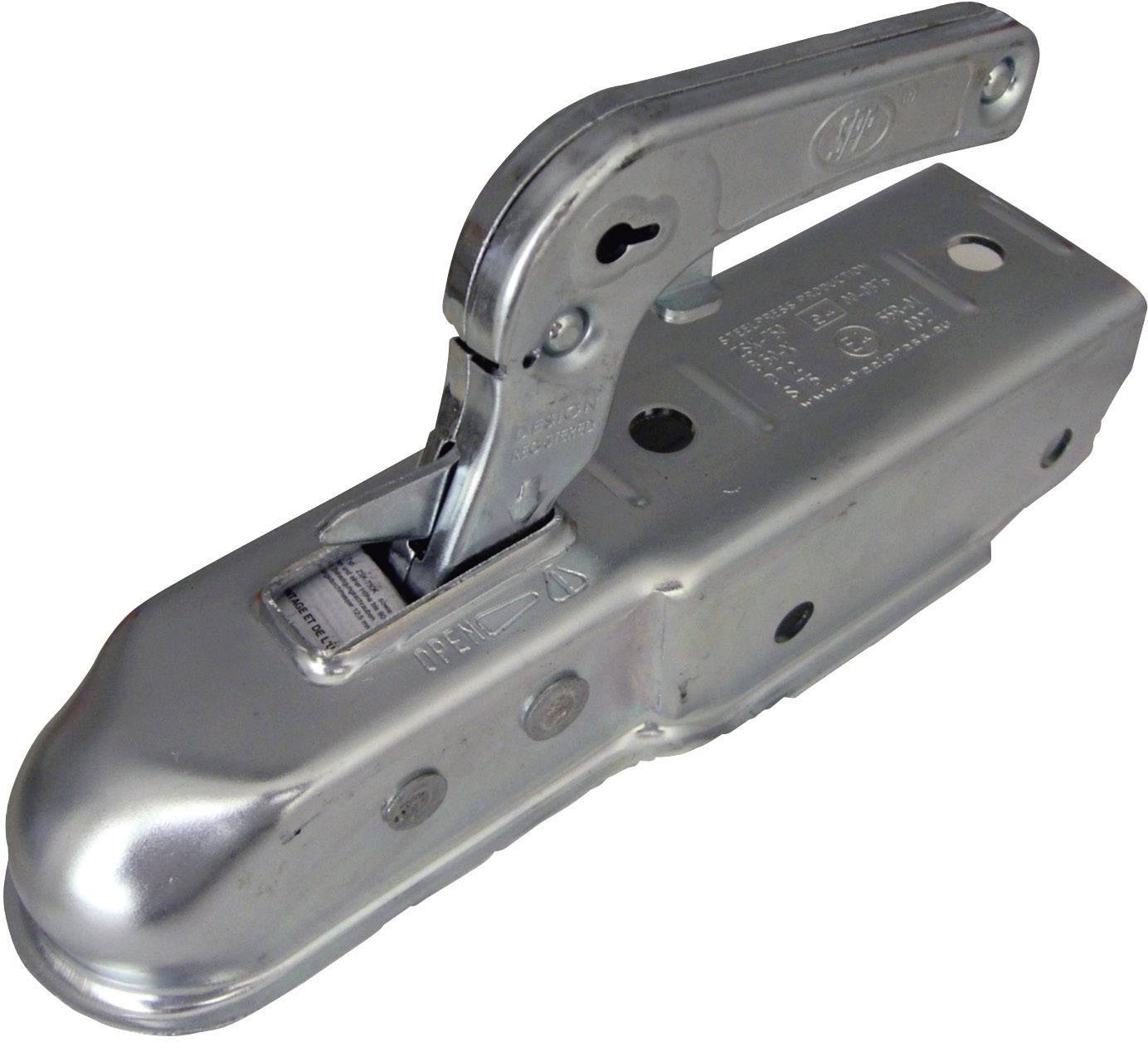 Attache de remorque métallique à levier, utilisée pour raccorder une remorque à un véhicule.