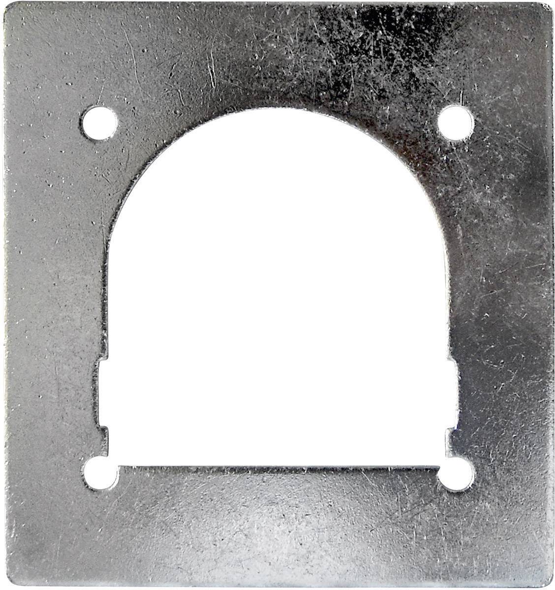 Plaque métallique de forme rectangulaire, comportant quatre trous dans les coins et une encoche centrale en arc de cercle.