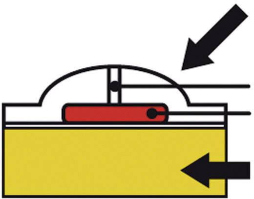 Diagramme d'un interrupteur électrique. En haut, une flèche noire pointe vers le levier qui ferme le circuit électrique dans le boîtier jaune.
