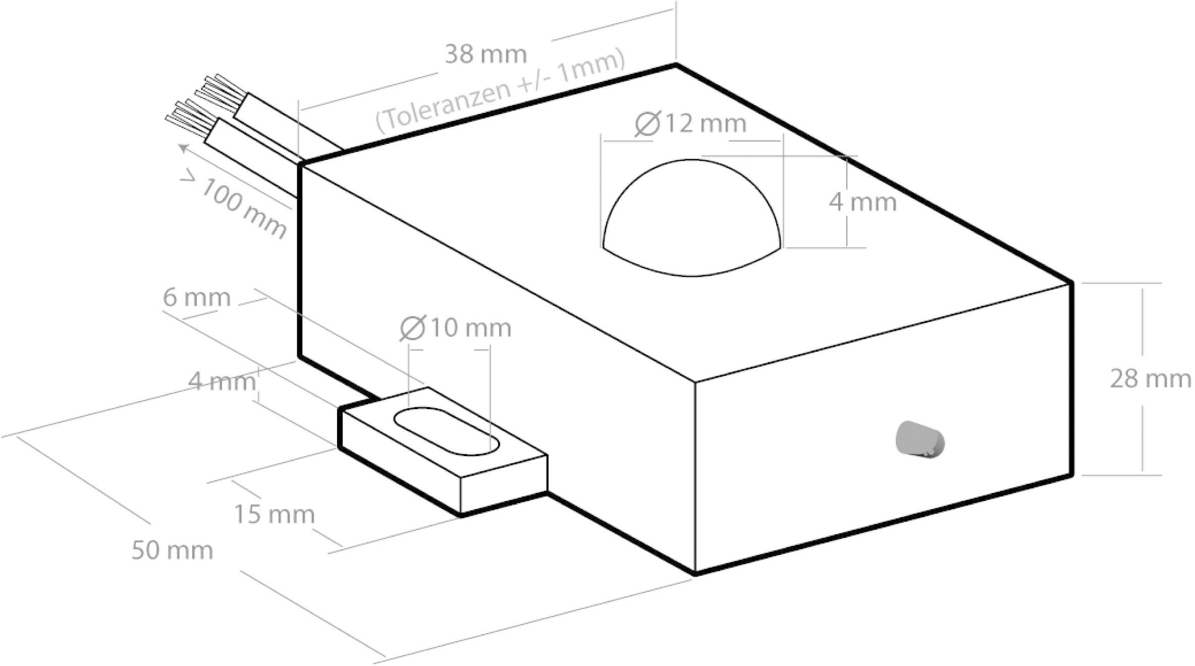 Dessin isométrique d'un module électronique rectangulaire avec dimensions indiquées : longueur de 38 mm, hauteur de 28 mm, diverses autres mesures.
