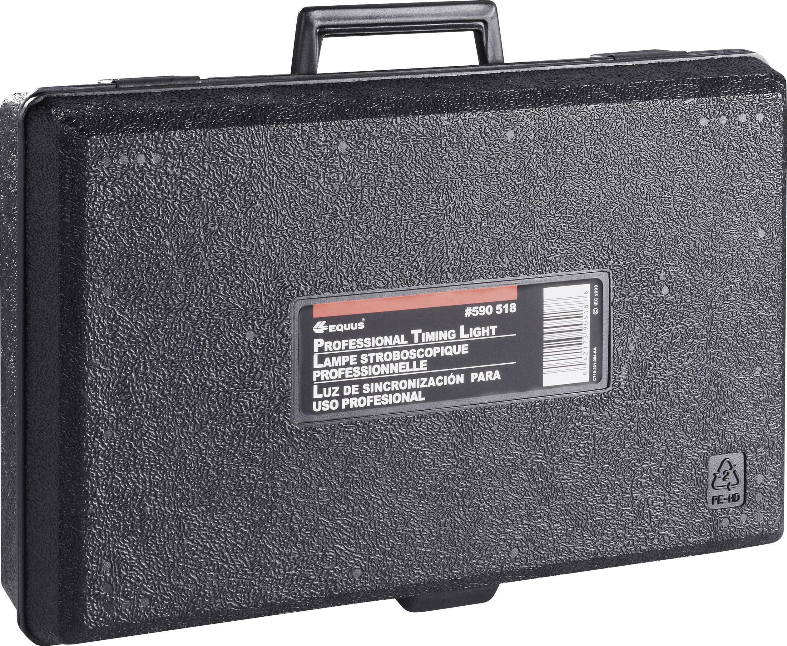 Une valise noire avec poignée, portant un autocollant avec l'inscription « Professional Timing Light » en plusieurs langues.