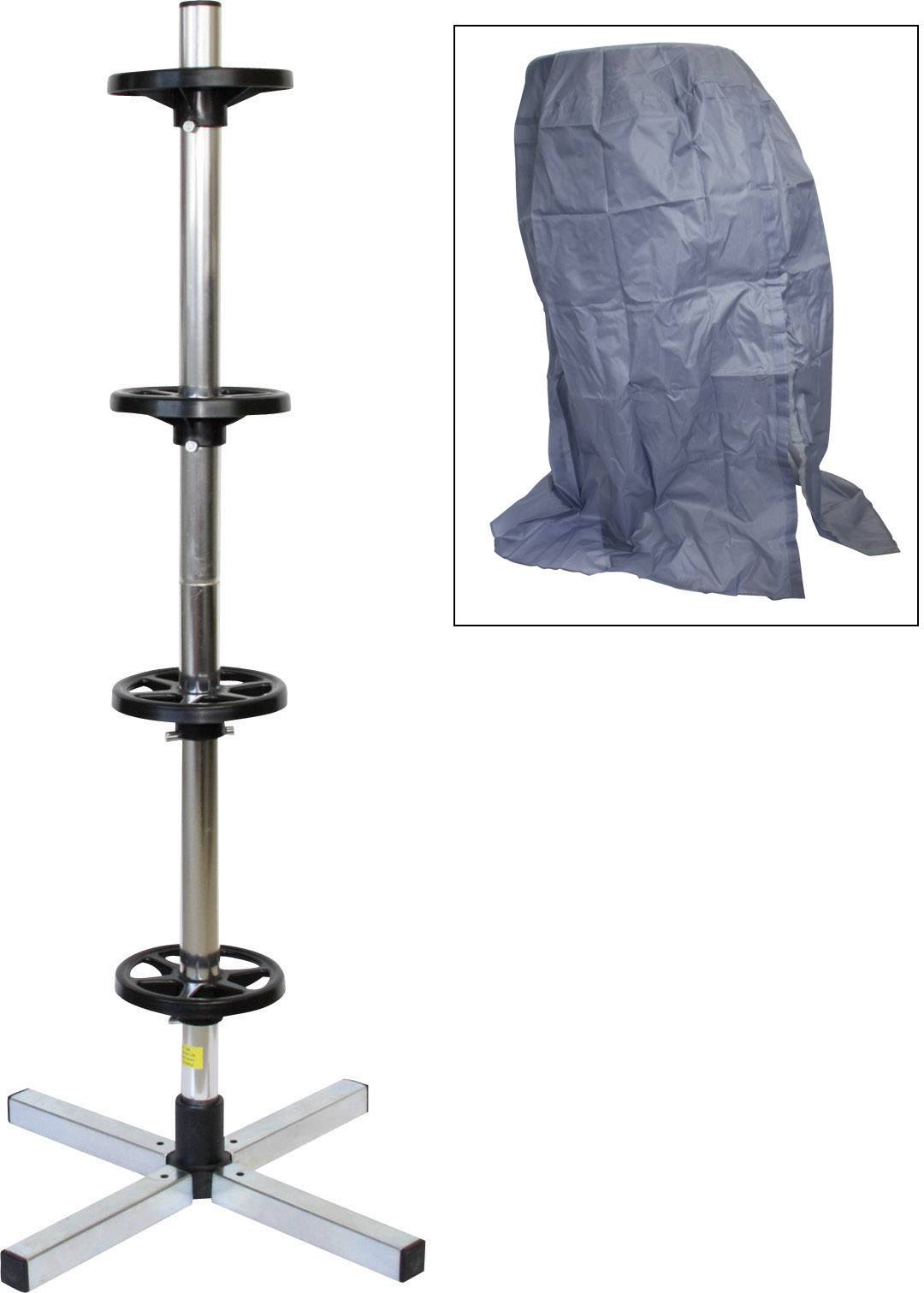 Un support en métal à quatre niveaux pour pneus. À côté, une housse en tissu gris. Adapté au stockage des pneus de voiture.