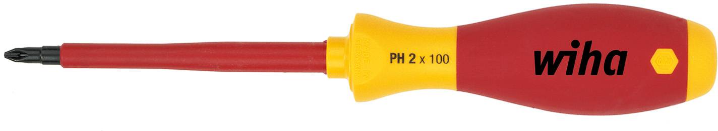 Tournevis isolé avec poignée rouge et embout jaune, marqué 'PH 2 x 100' et 'wiha', adapté aux travaux de précision.