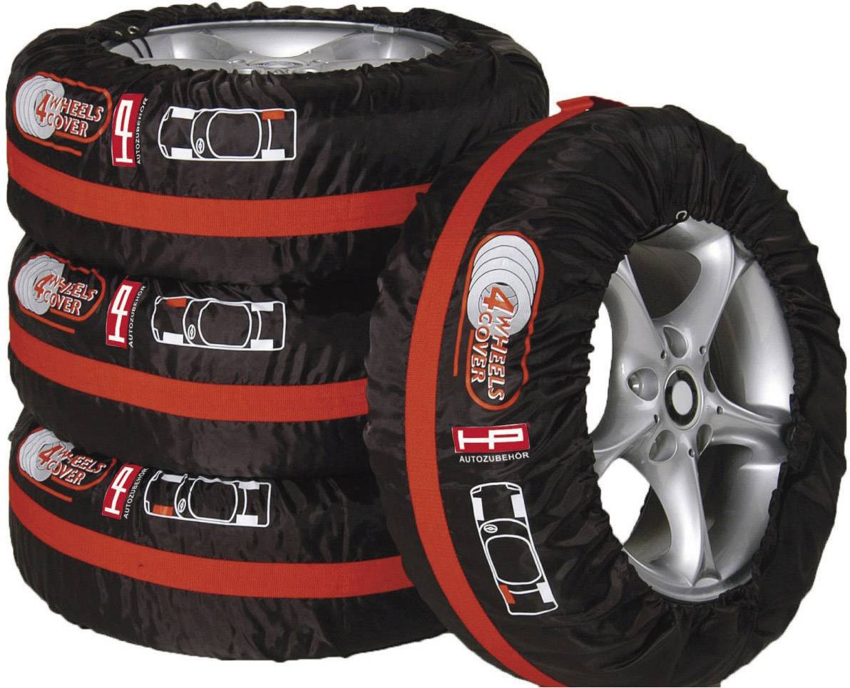 Quatre sacs de rangement noirs pour pneus avec logo rouge et texte '4 Wheels Cover'. Protège les pneus de voiture et facilite leur entreposage.