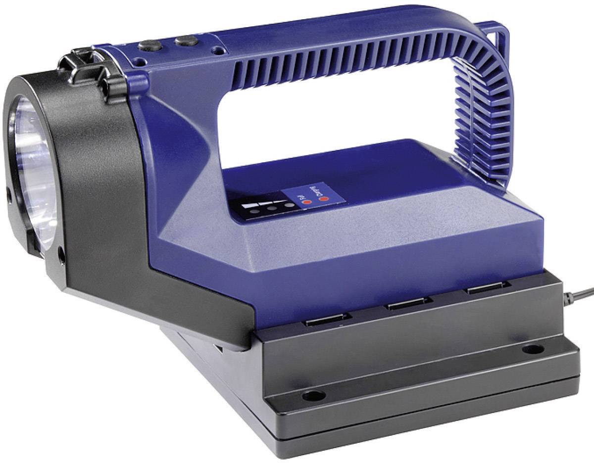 Lampe torche portable bleue avec base noire, adaptée à une utilisation manuelle.