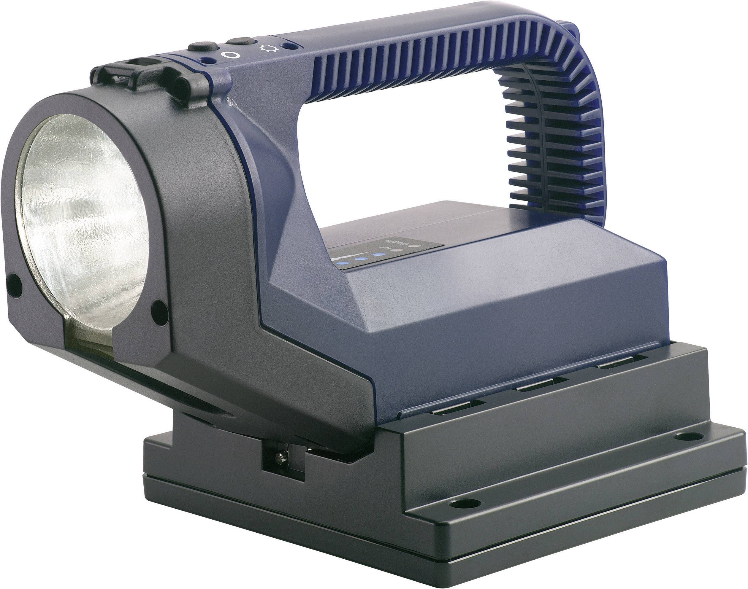 Un projecteur portable bleu marine avec une poignée robuste et une base rectangulaire, adapté aux applications extérieures et à l'éclairage de secours.