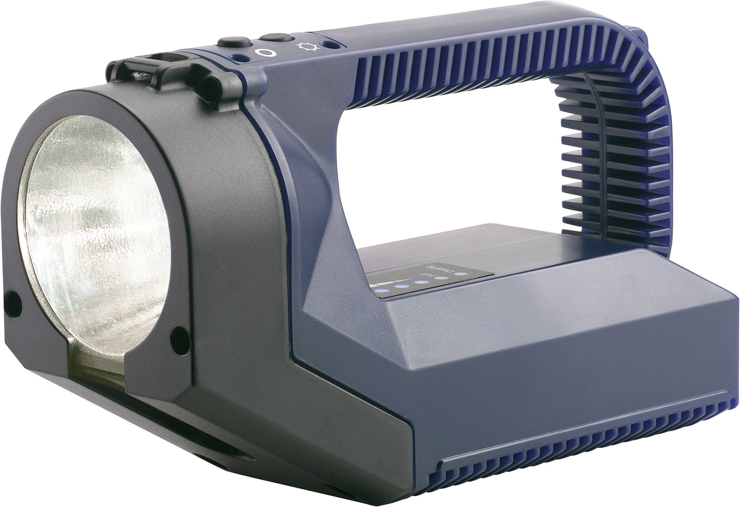 Lampe torche bleue, portable, avec grand réflecteur et poignée latérale, adaptée aux activités de plein air ou aux situations d'urgence.