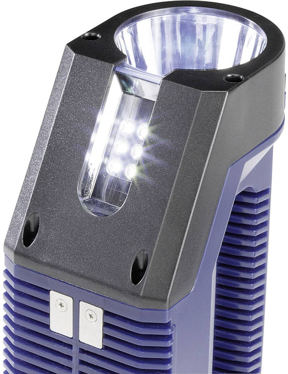 Lampe de poche portable bleue à LED avec six lumières et un support noir, adaptée aux activités de plein air.