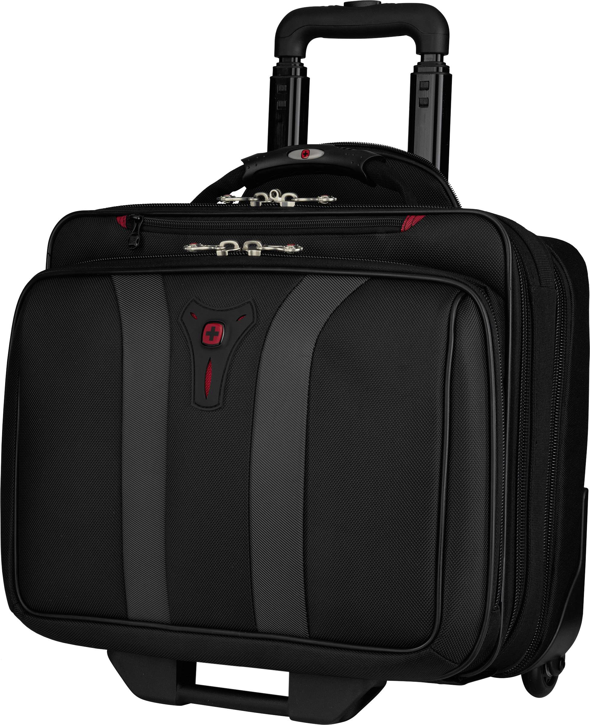 Valise à roulettes noire avec compartiment pour ordinateur portable, adaptée aux voyages d'affaires. Équipée d'une poignée télescopique et de plusieurs compartiments à fermeture éclair.