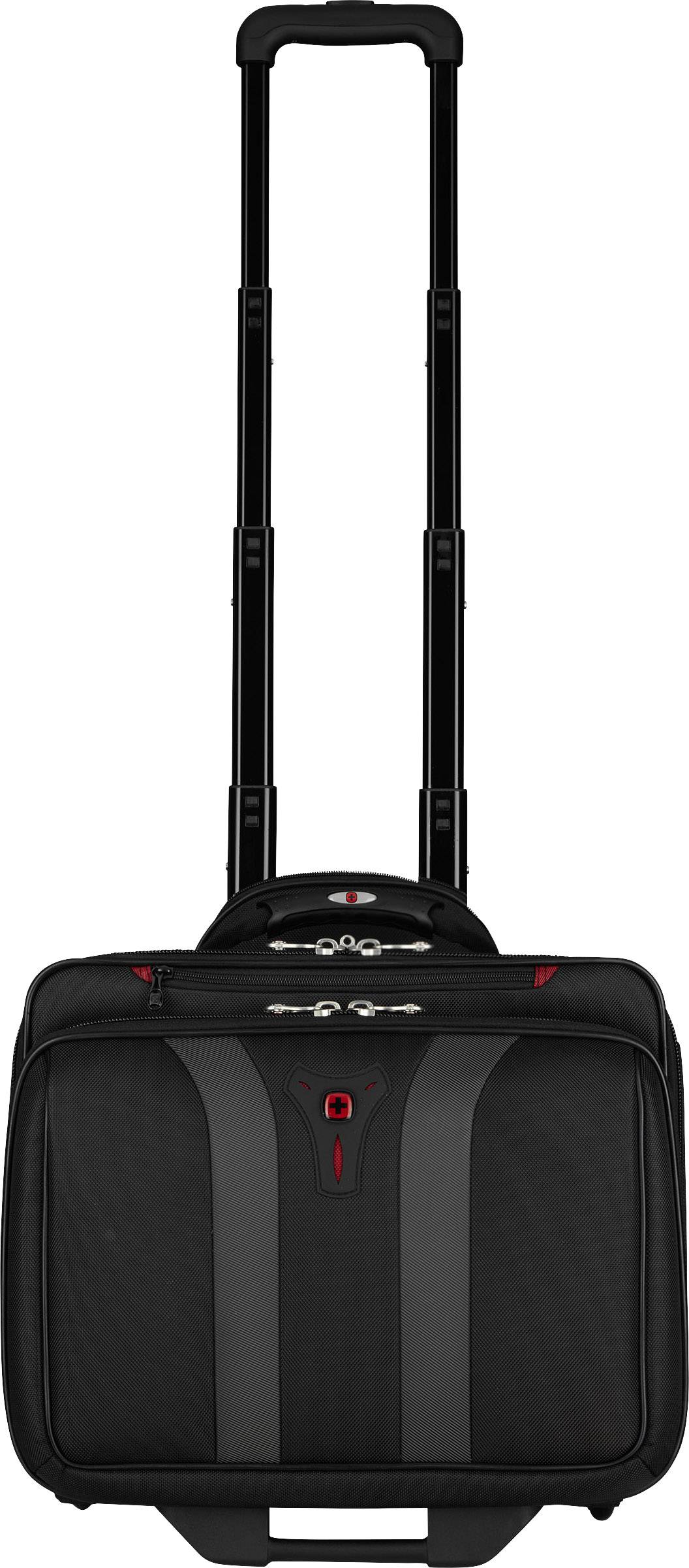 Une valise noire à roulettes avec poignée télescopique, idéale pour les voyages d'affaires, sur fond blanc.