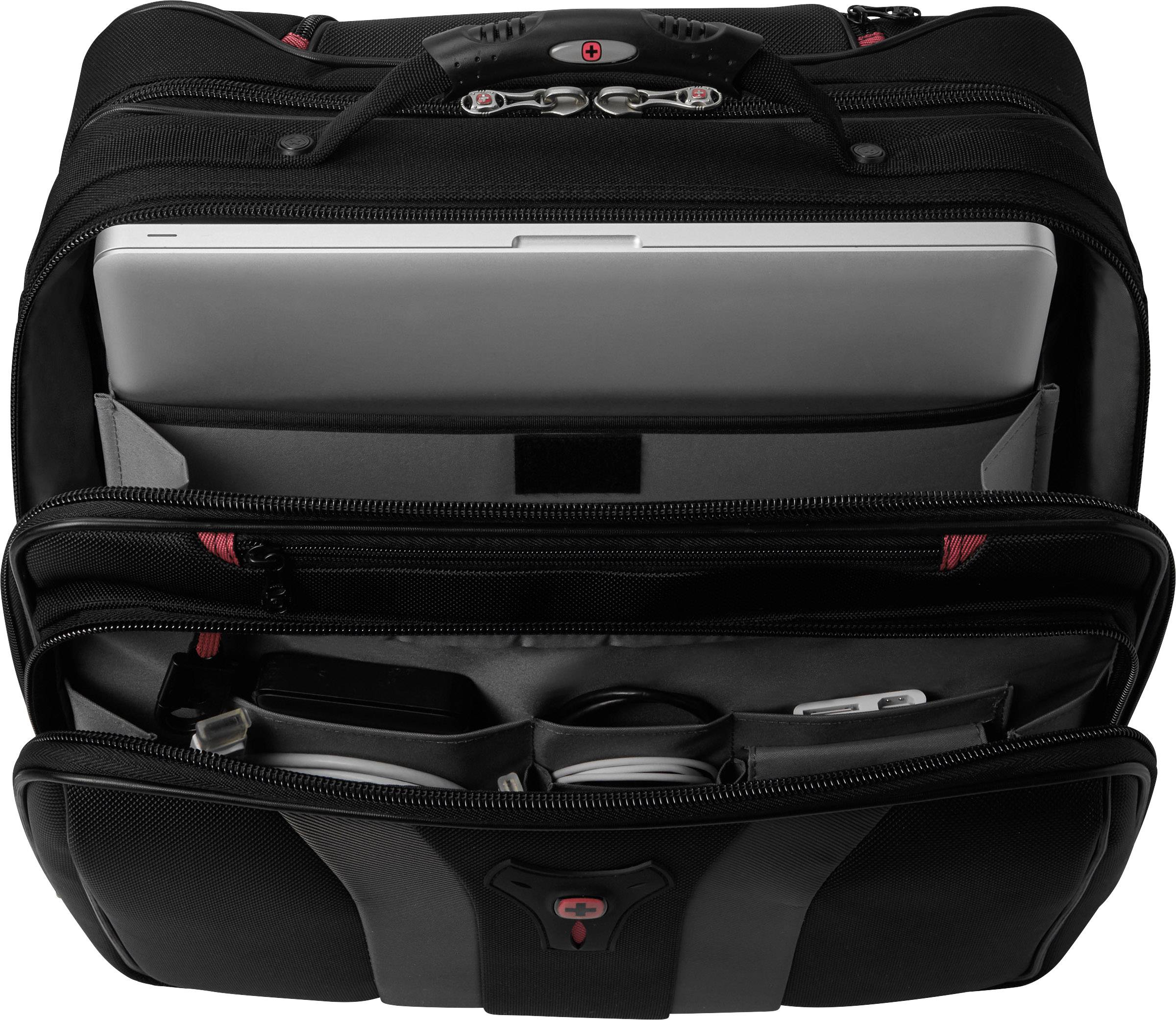 Une sacoche noire ouverte contenant un ordinateur portable, plusieurs compartiments et poches pour accessoires tels qu'un chargeur et des stylos.