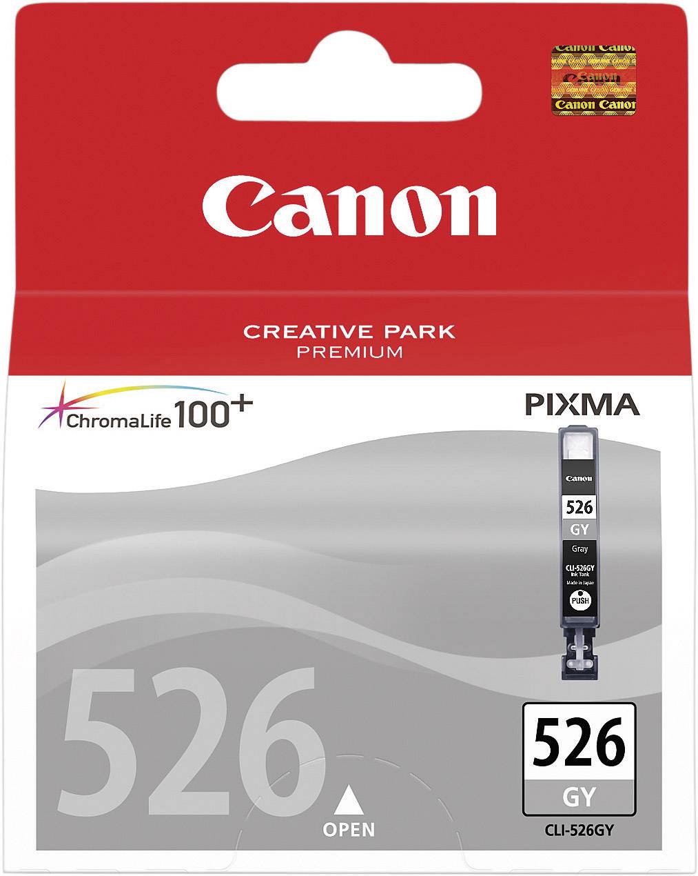 Canon PIXMA 526 GY printer cartridge. Packaging in red and grey, ChromaLife100+, suitable for PIXMA printers.