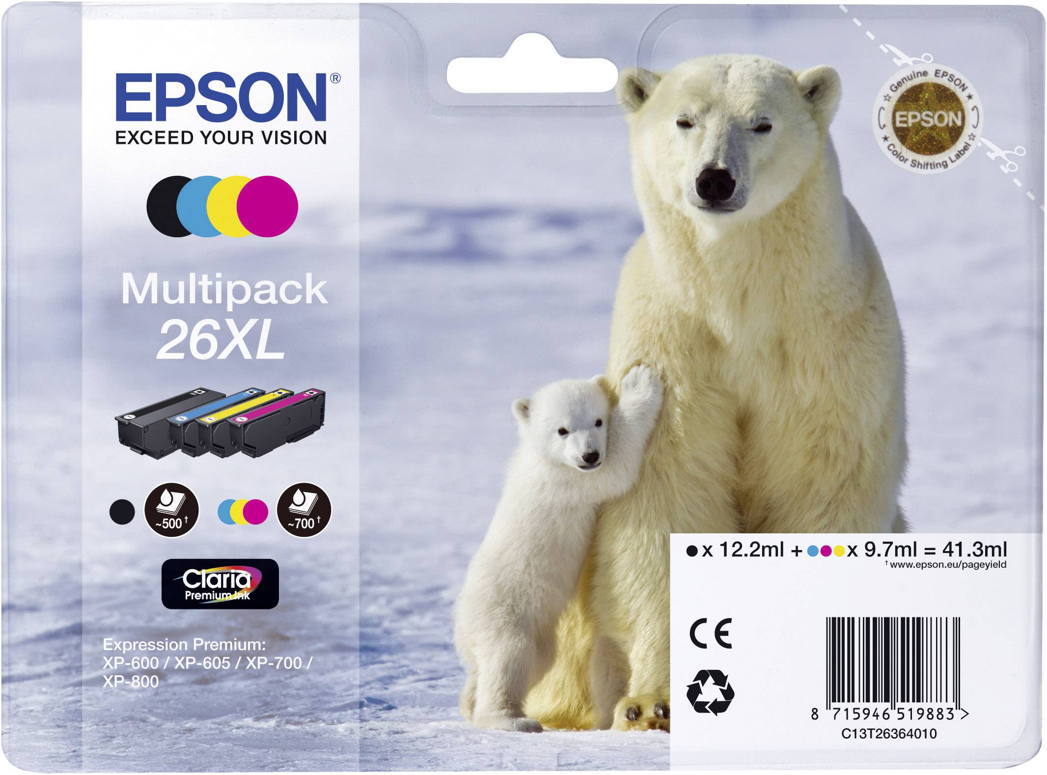 Encre d'origine pour imprimante EPSON Multipack T2636/26XL C13T26364010 Noir, Cyan, Magenta, Jaune