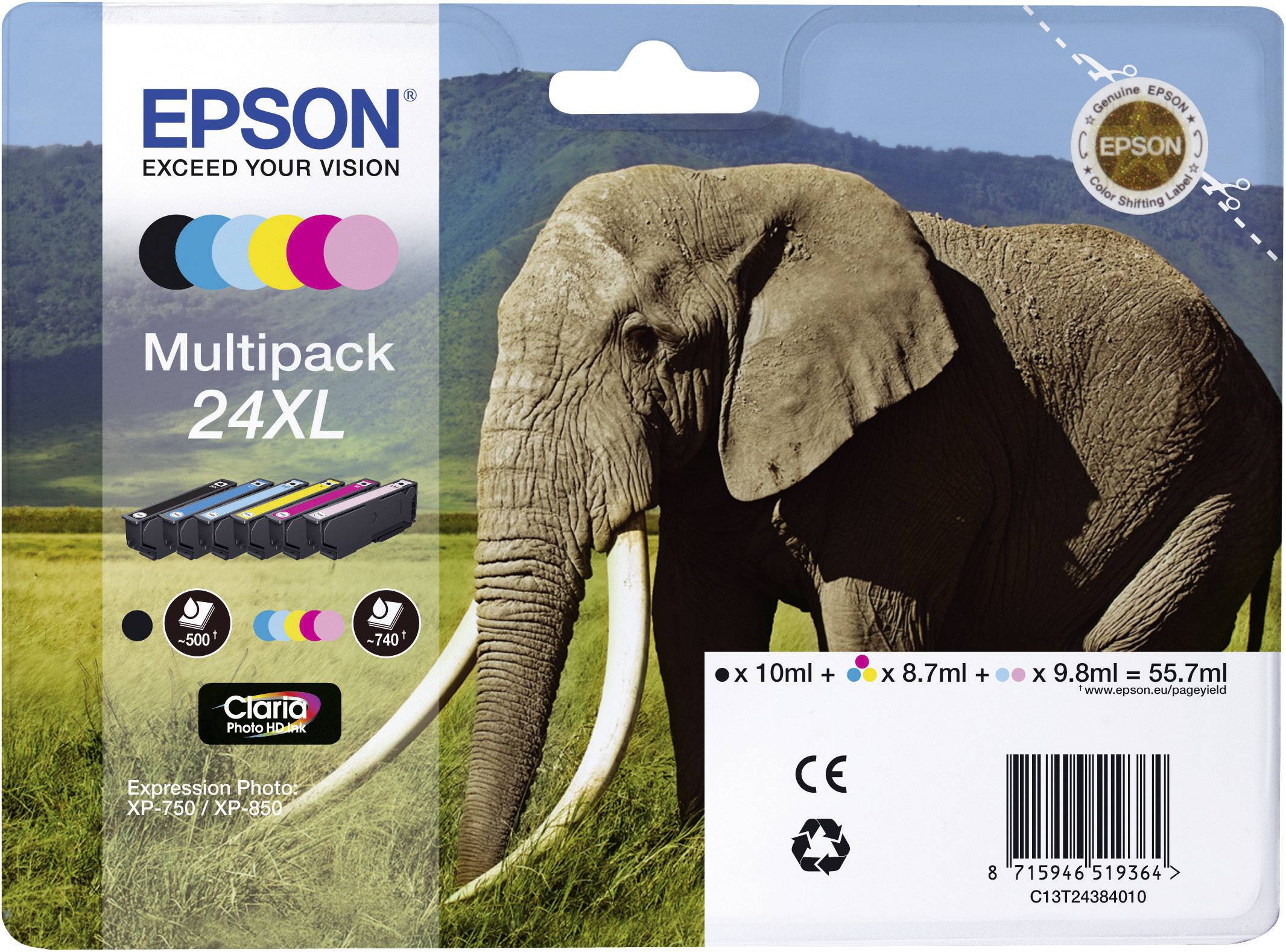 Pack de cartouches d'encre 24XL d'Epson avec image d'éléphant en arrière-plan. Compatible avec Expression Photo XP-750/XP-850.