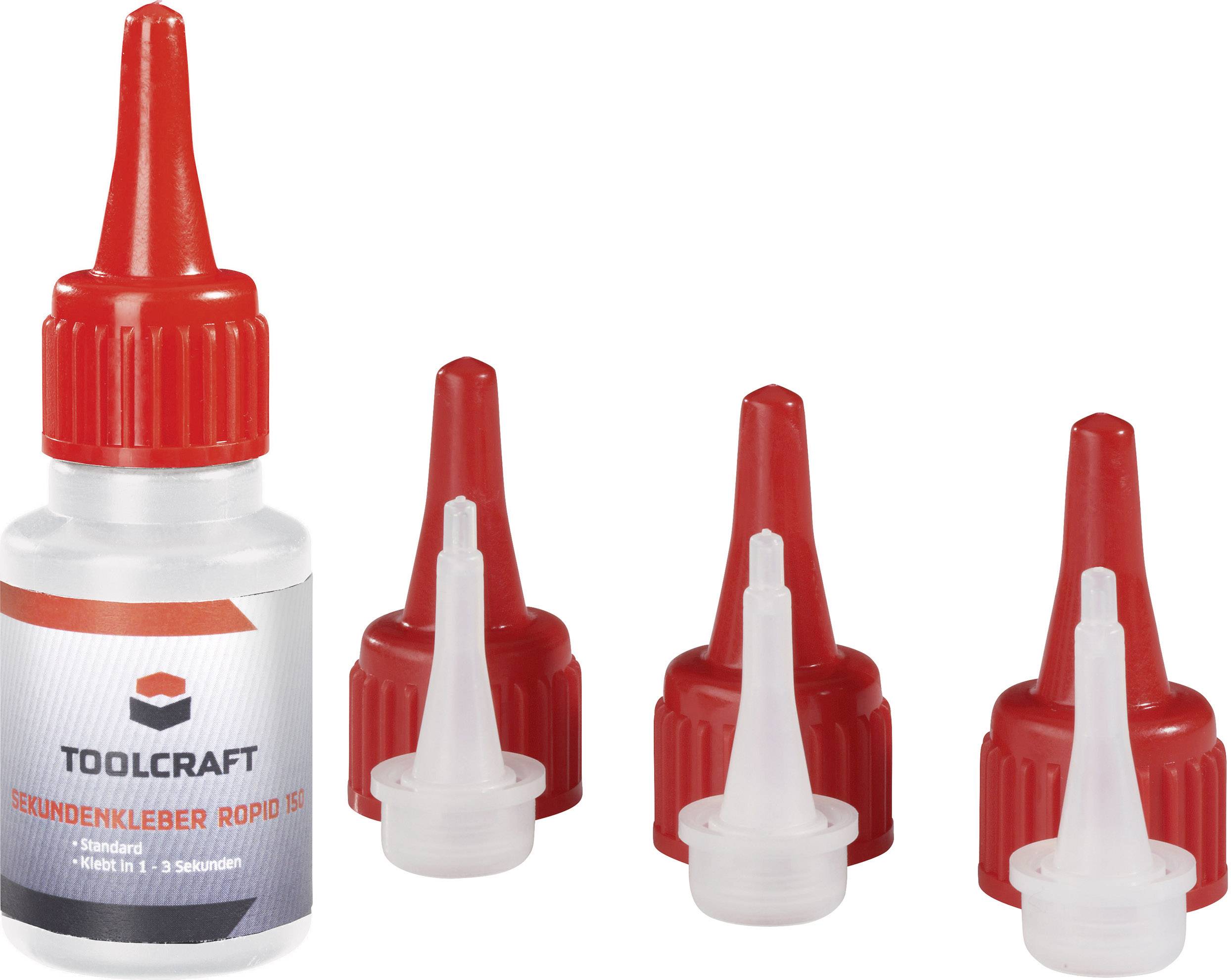 Bouteille de colle cyanocrylate Toolcraft avec bouchon rouge, accompagnée de trois bouchons de rechange rouges, chacun équipé d'une pointe applicatrice.