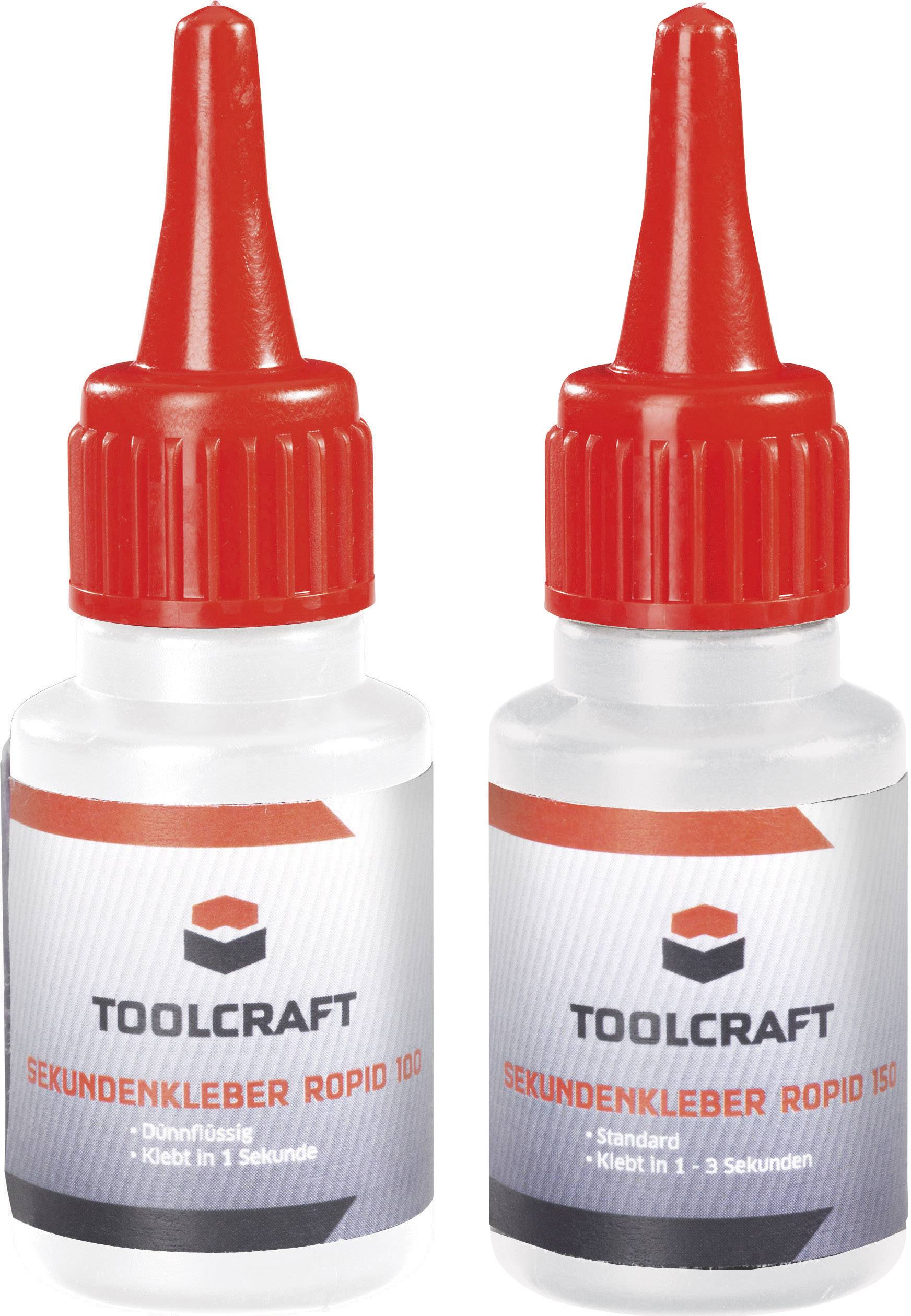'Deux bouteilles de colle instantanée TOOLCRAFT Ropid, l'une avec un temps de séchage de 1 seconde et l'autre avec un temps de séchage de 1 à 3 secondes, toutes deux avec un bouchon rouge.'