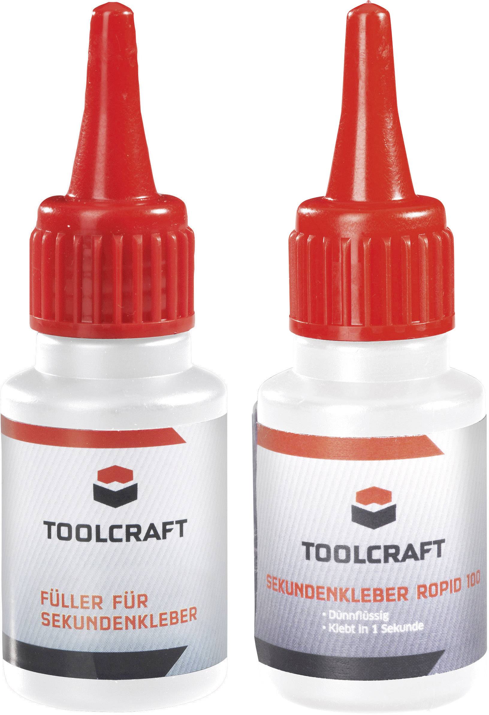 Deux petits flacons de colle de la marque Toolcraft : « Bouche-pores pour colle instantanée » et « Colle instantanée Rapid 100 », avec bouchon rouge.