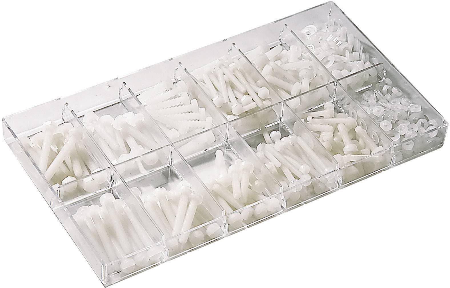 Une boîte de rangement transparente à douze compartiments, chacun rempli de vis et d'écrous blancs en plastique de différentes tailles.
