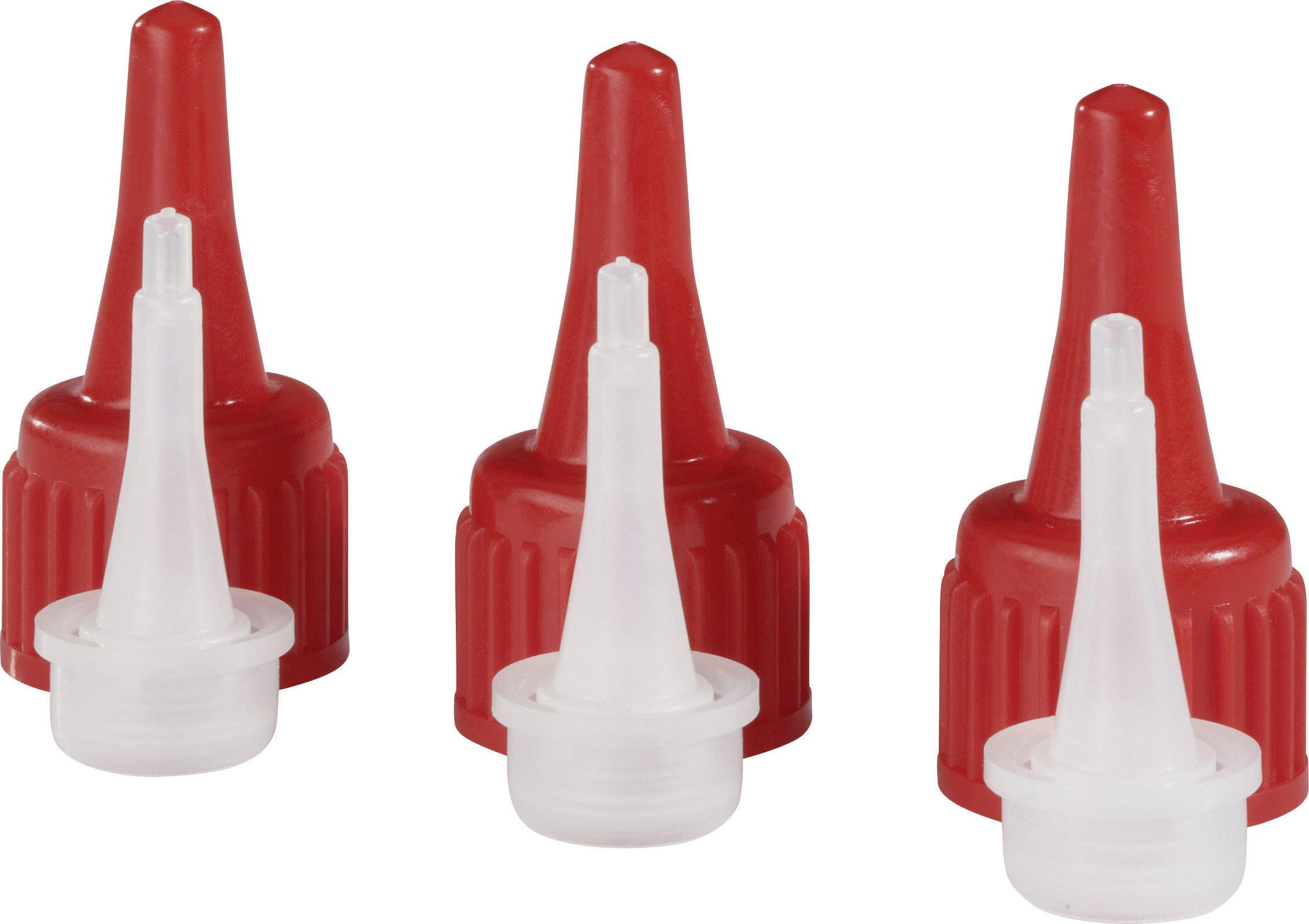 Trois bouchons de bouteille en plastique rouge avec des embouts étroits et allongés.