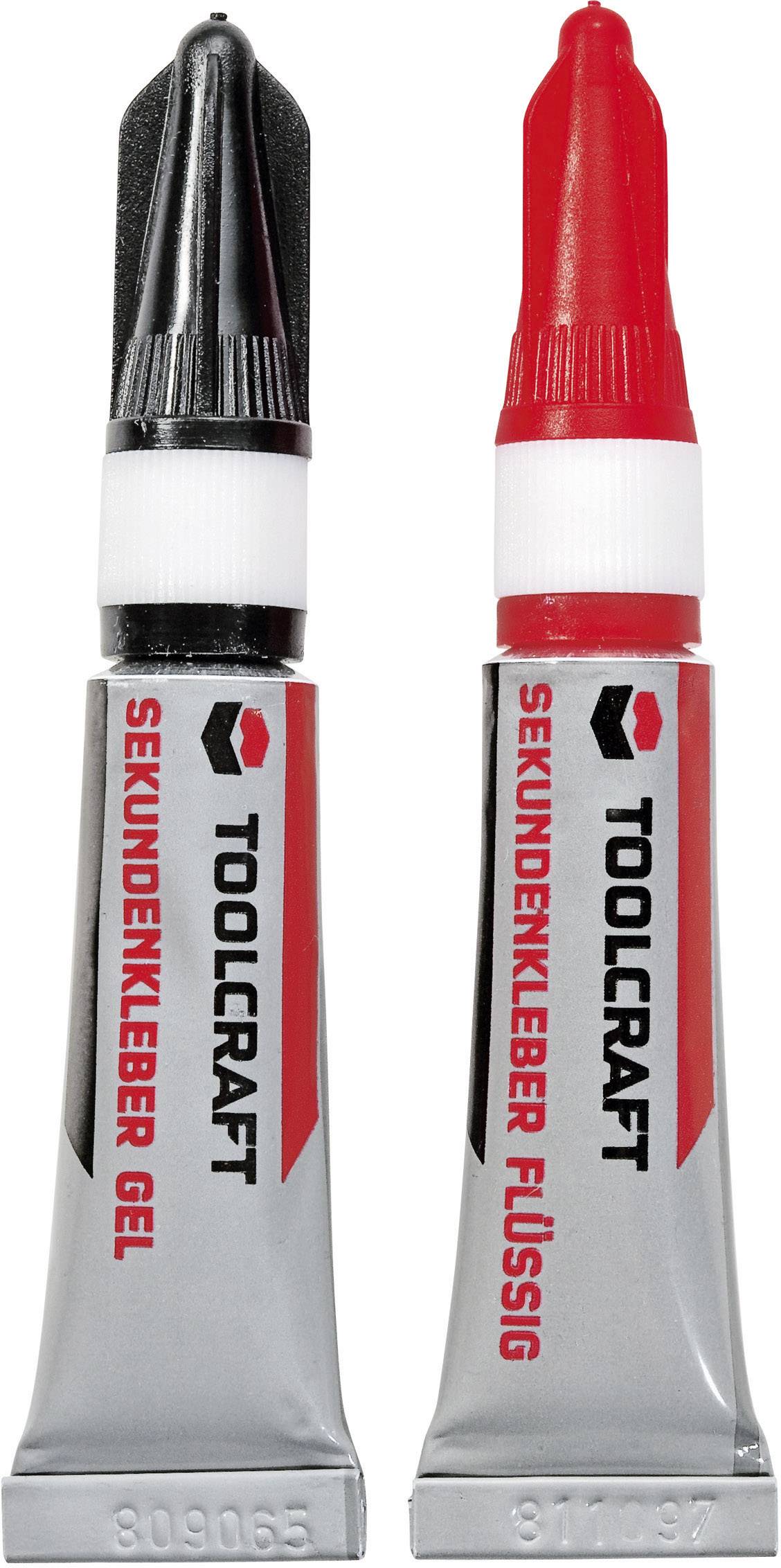 Toolcraft Colle instantanée : Gel à gauche, liquide à droite. Les deux tubes ont des capuchons rouges et un design argenté avec un logo rouge.
