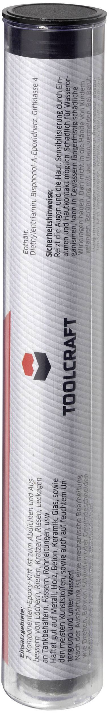 Boîte en plastique transparent avec une étiquette blanche, portant un texte et un logo rouge et noir de la marque 'Toolcraft'. Le texte est difficile à lire.