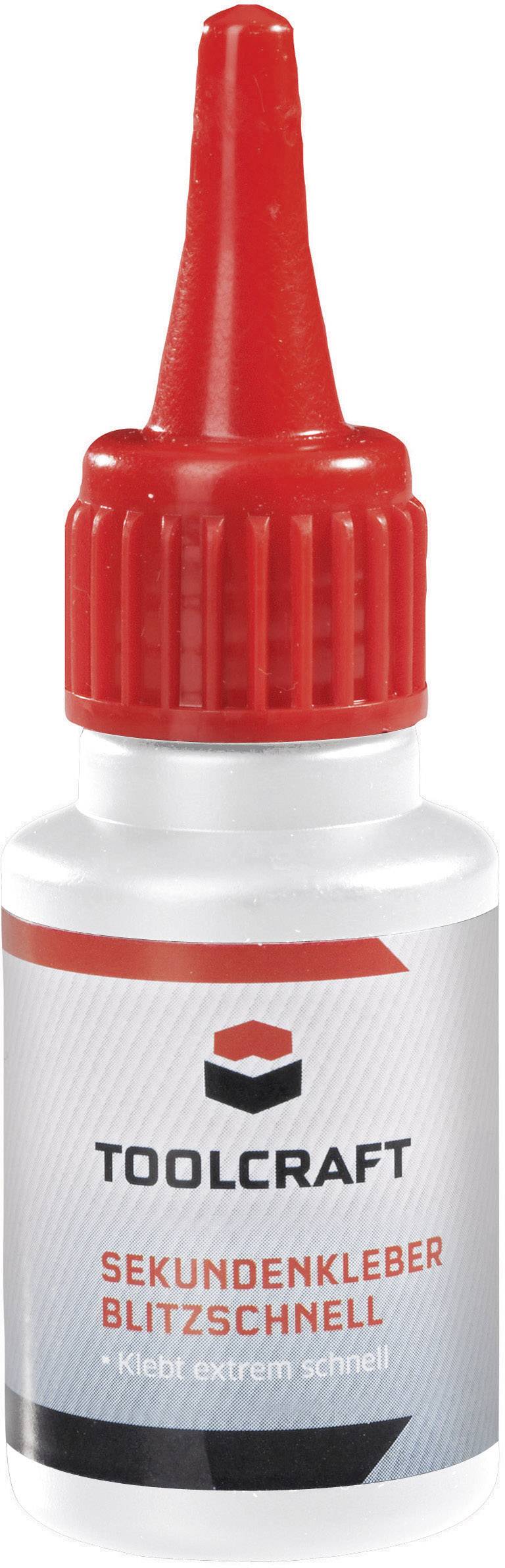 Bouteille avec étiquette rouge et blanche et bouchon rouge. Nom de marque 'Toolcraft'. Texte : 'Colle instantanée ultra-rapide - Colle extrêmement vite'.