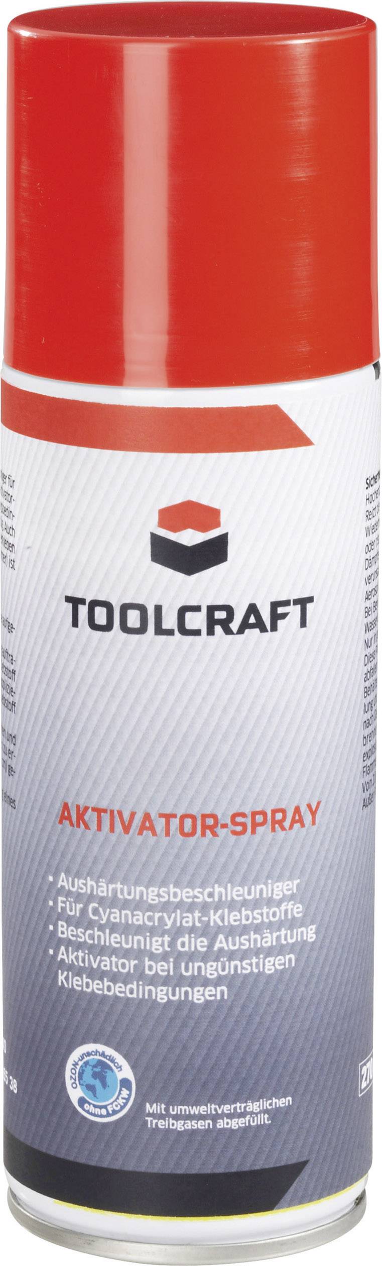 Boîte avec couvercle rouge, étiquetée : 'Spray Activateur Toolcraft' ; favorise le durcissement de la colle cyanocrylate dans des conditions défavorables.
