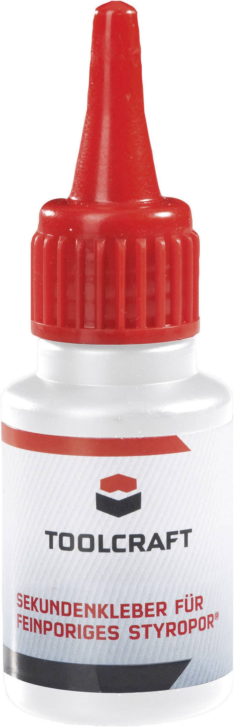 Une bouteille de colle cyanocrylate de la marque Toolcraft pour polystyrène à porosité fine, avec un bouchon compte-gouttes rouge et une étiquette blanche.