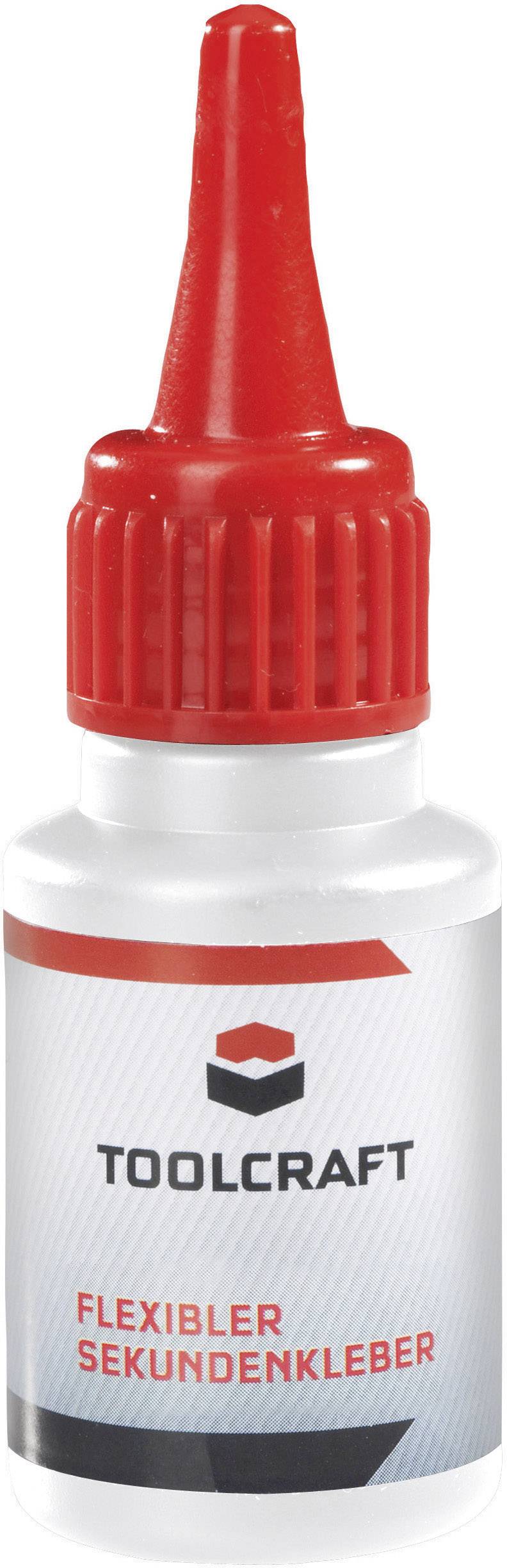 Bouteille avec bouchon rouge, sur laquelle est inscrit 'TOOLCRAFT Colle instantanée flexible'.