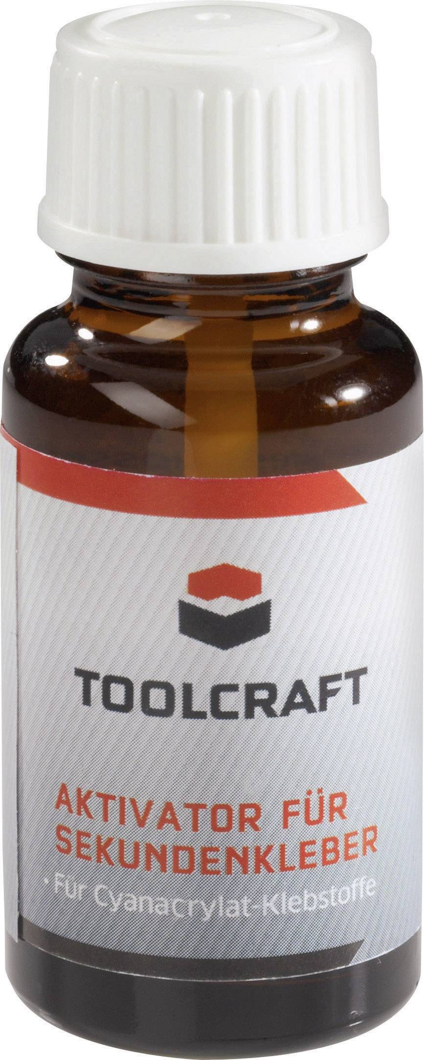 Petite bouteille brune avec un couvercle blanc. Sur l'étiquette, il est écrit 'Toolcraft Activateur pour colle instantanée'.