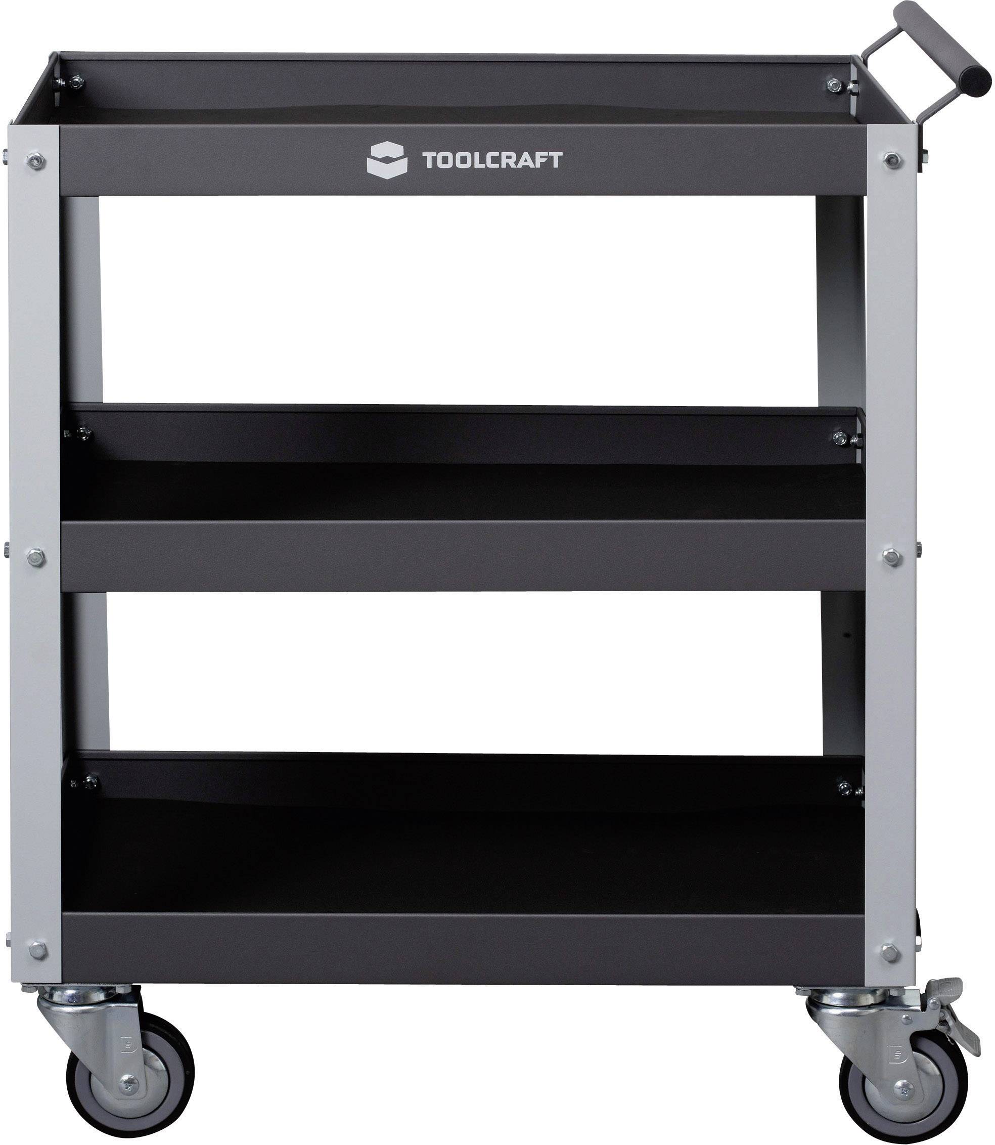 'Chariot noir à roulettes avec trois tablettes et une poignée à l'avant, adapté pour le rangement des outils. Logo de la marque centré en haut.'