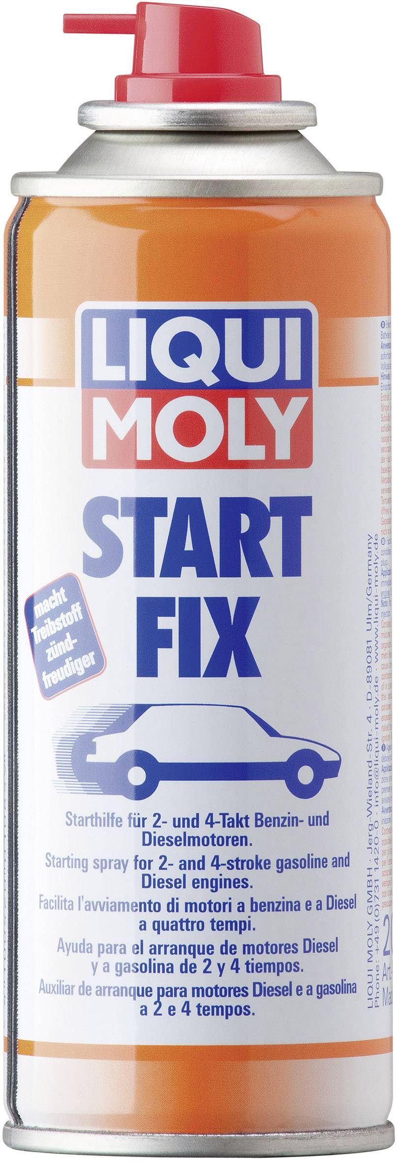 Bombe aérosol portant l'inscription 'Liqui Moly Start Fix'. Spray de démarrage pour moteurs essence et diesel à 2 et 4 temps, capuchon orange.