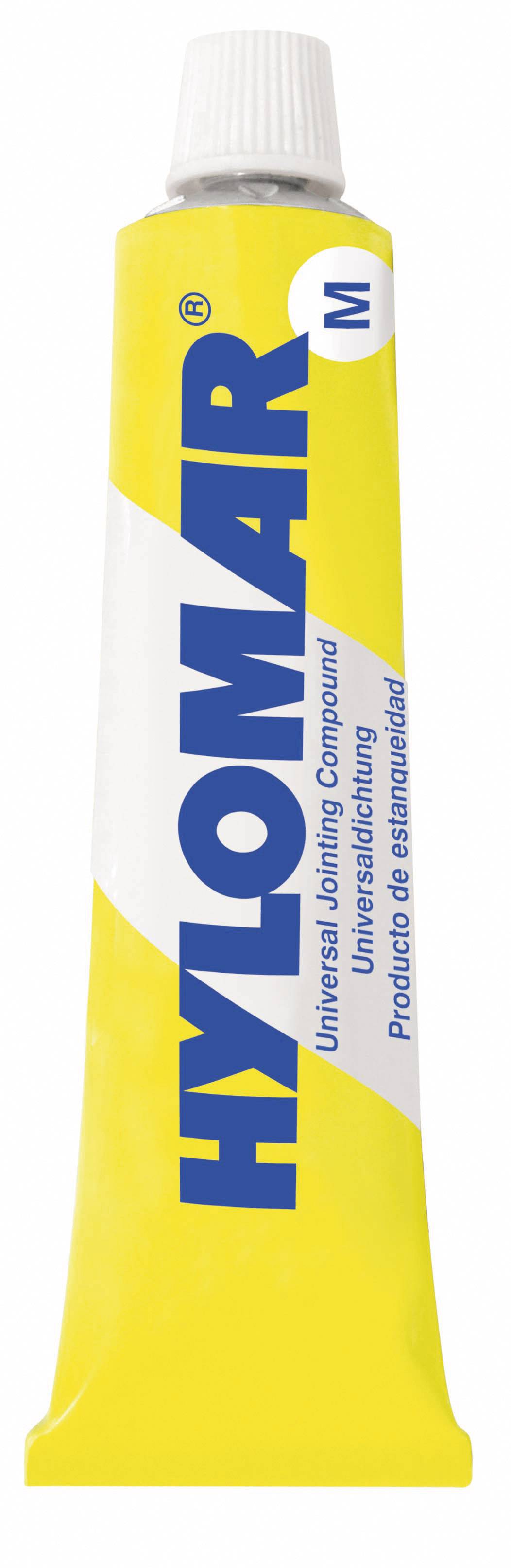 Colle Hylomar jaune en tube, logo bleu, adapté à diverses solutions d'étanchéité.