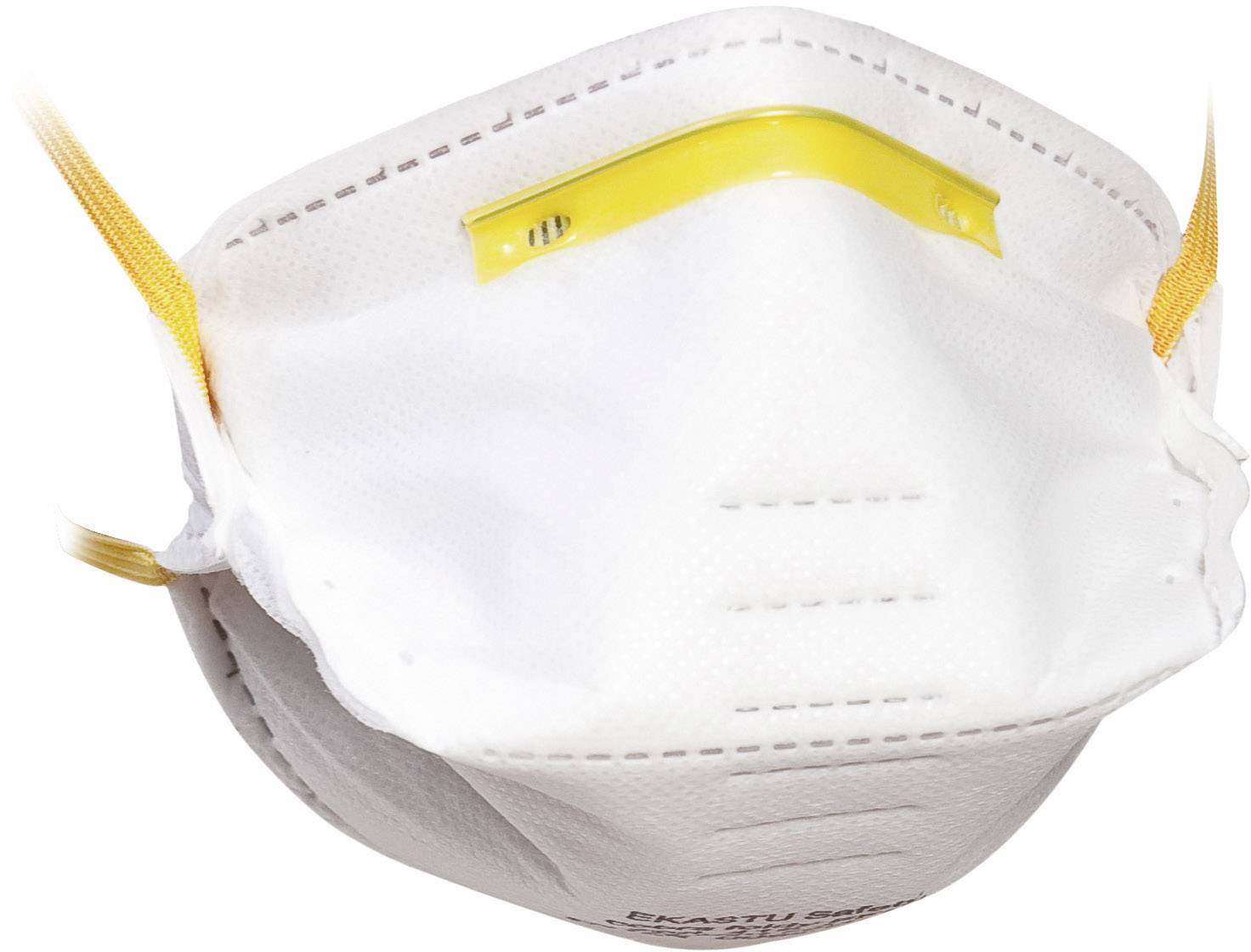 Masque de protection respiratoire blanc avec barrette nasale jaune et élastiques jaunes. Adapté pour se protéger des particules présentes dans l'air.