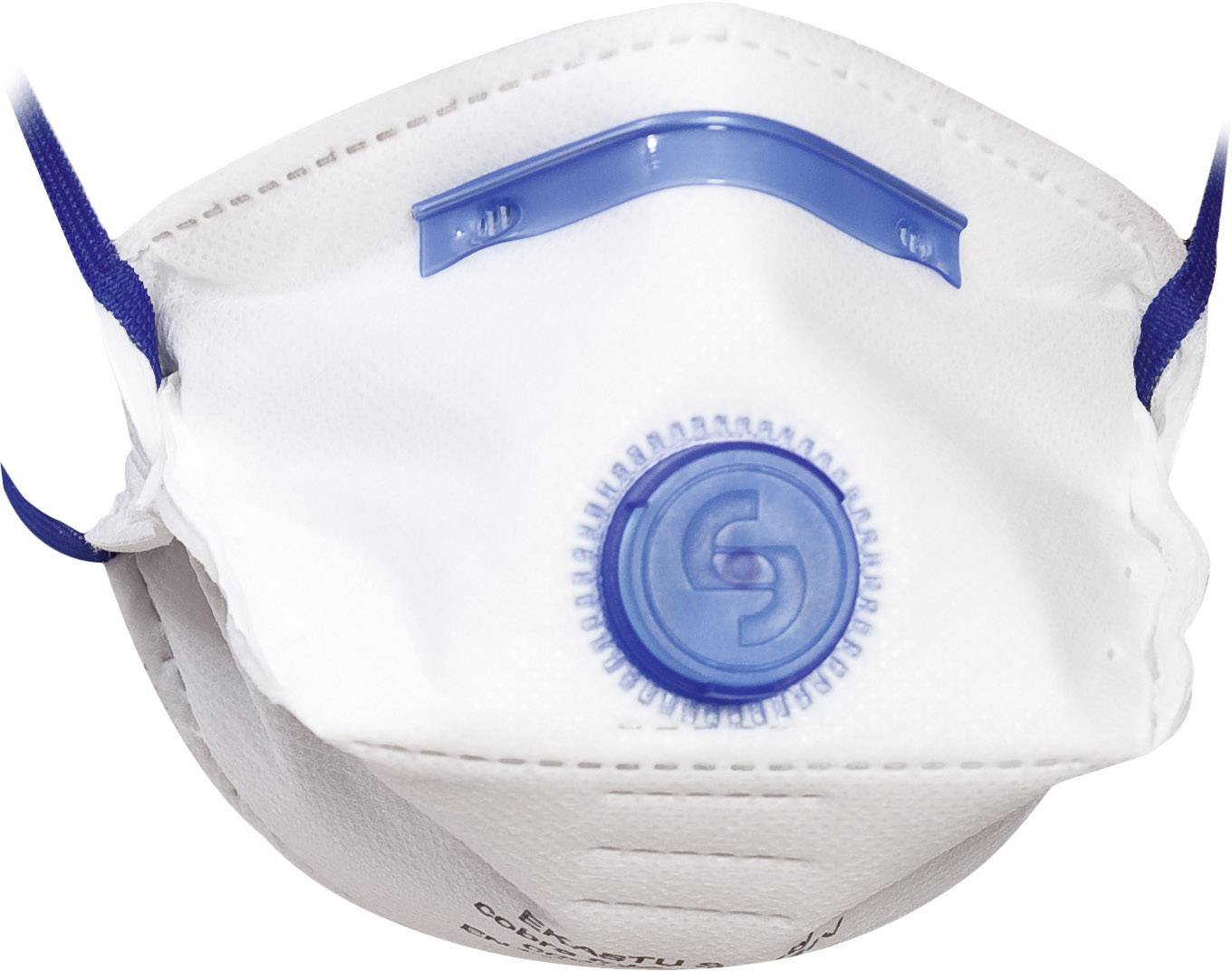 Un masque de protection respiratoire blanc avec un couvercle de valve bleu et des élastiques de fixation. Principalement destiné à protéger contre la poussière.