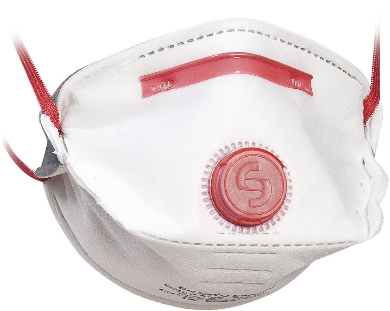 Un masque respiratoire blanc avec une valve rouge et des lanières rouges.