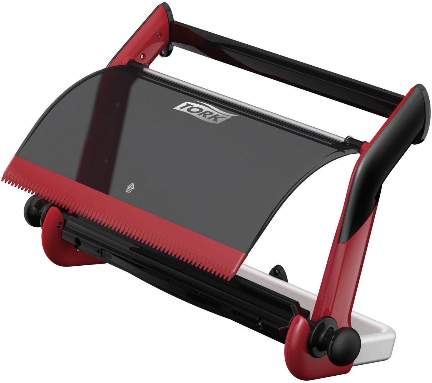 Un système de distribution d'essuie-papier noir et rouge. Il présente un couvercle denté pour un déchirement facile des essuie-papier.