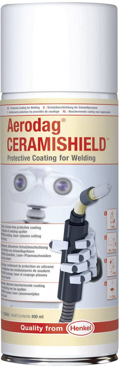 Bombe aérosol 'Aerodag CERAMISHIELD', revêtement de protection pour soudage, 400 ml. Produit Henkel, pour le découpage laser et plasma.