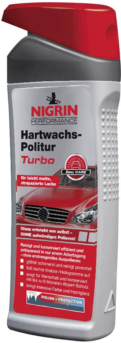 Bouteille de Polish Turbo Nigrin Cire Dure pour Voitures. Nettoie, entretient, protège la peinture ; pour les peintures légèrement mates et sollicitées.
