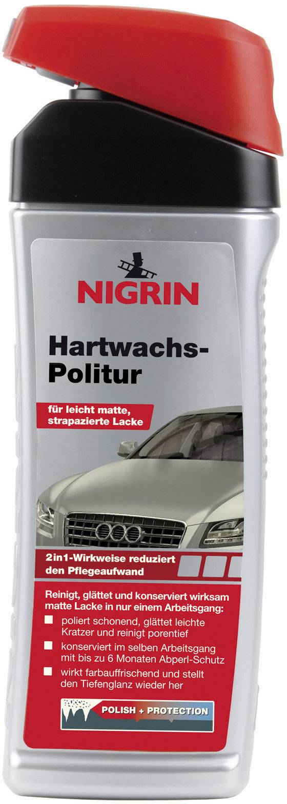 Bouteille de produit d'entretien automobile avec couvercle rouge. Inscription : 'Nigrin Polish à Cire Dure'. Image d'une voiture. Texte décrivant les avantages du produit.