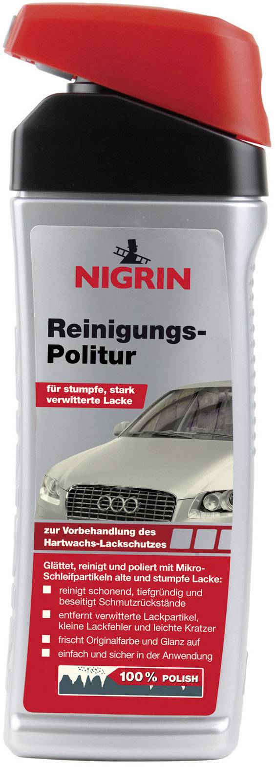 Bouteille de polish nettoyant Nigrin. Pour le traitement préalable des peintures mates. Élimine les rayures et assure brillance et protection.