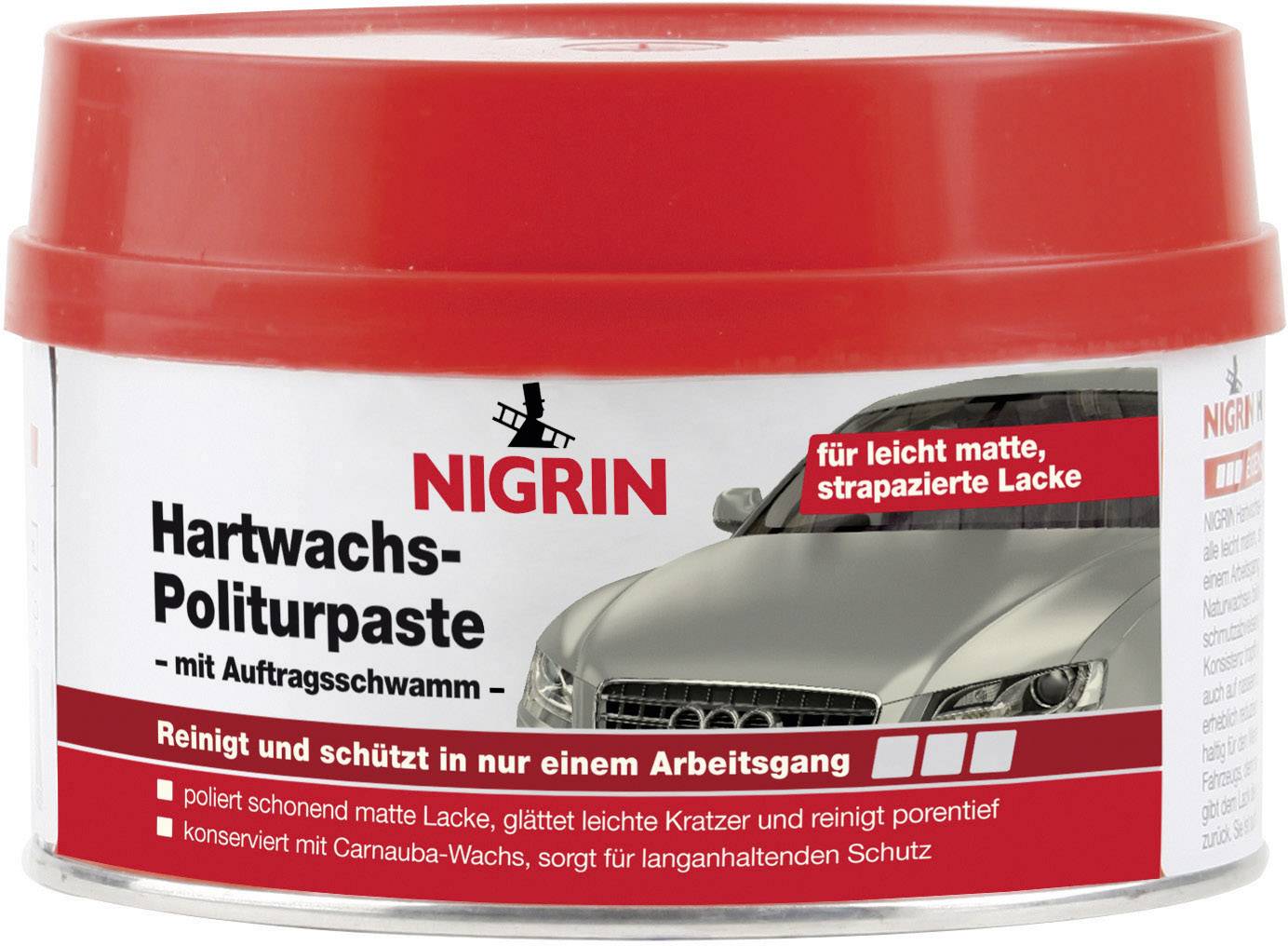 'Boîte rouge portant l'inscription : Nigrin Pâte à polir à la cire dure. Nettoie et protège les peintures automobiles en une seule opération. Avec symbole automobile.'